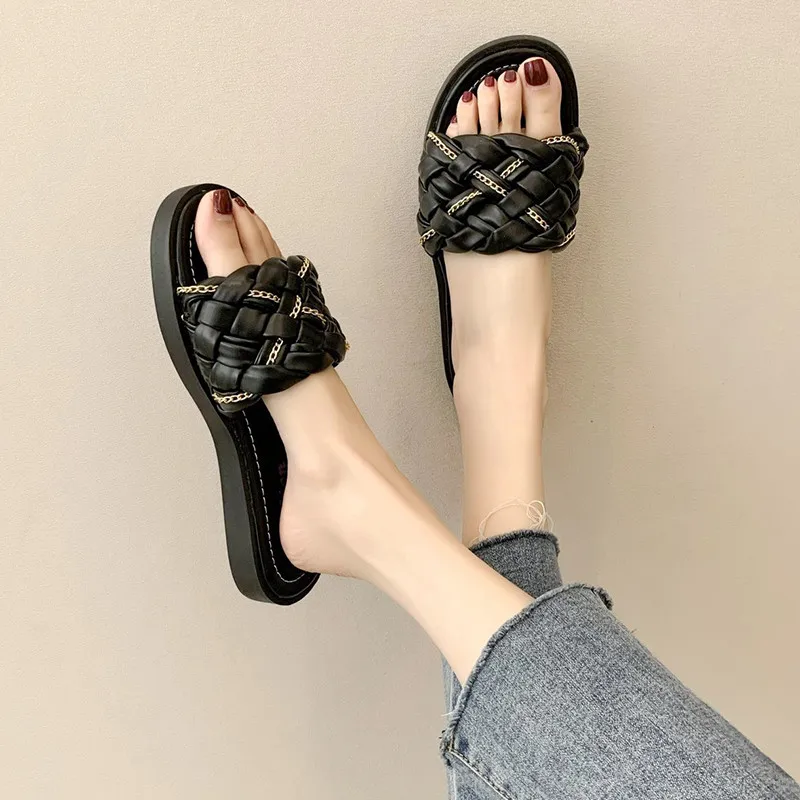 

Shoes Woman 2021 Slippers Flat Shale Female Beach Pantofle Luxury Slides Sabot Summer New Designer PU Basic Rome Fashion