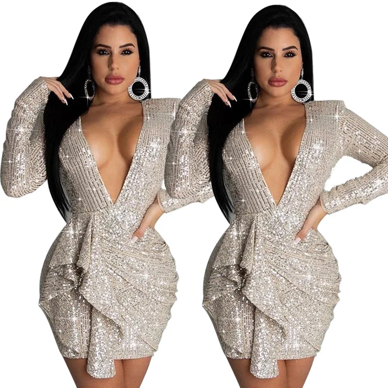 

Autumn and winter women's deep V-neck open back Sequin tight buttock evening dress sexy dress