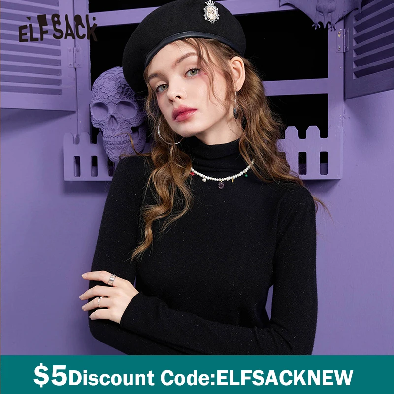 

ELFSACK Solid Pure Casual Knit Women Pullover Knitwear Top,2021 Winter Vintage Korean Daily Sweaters
