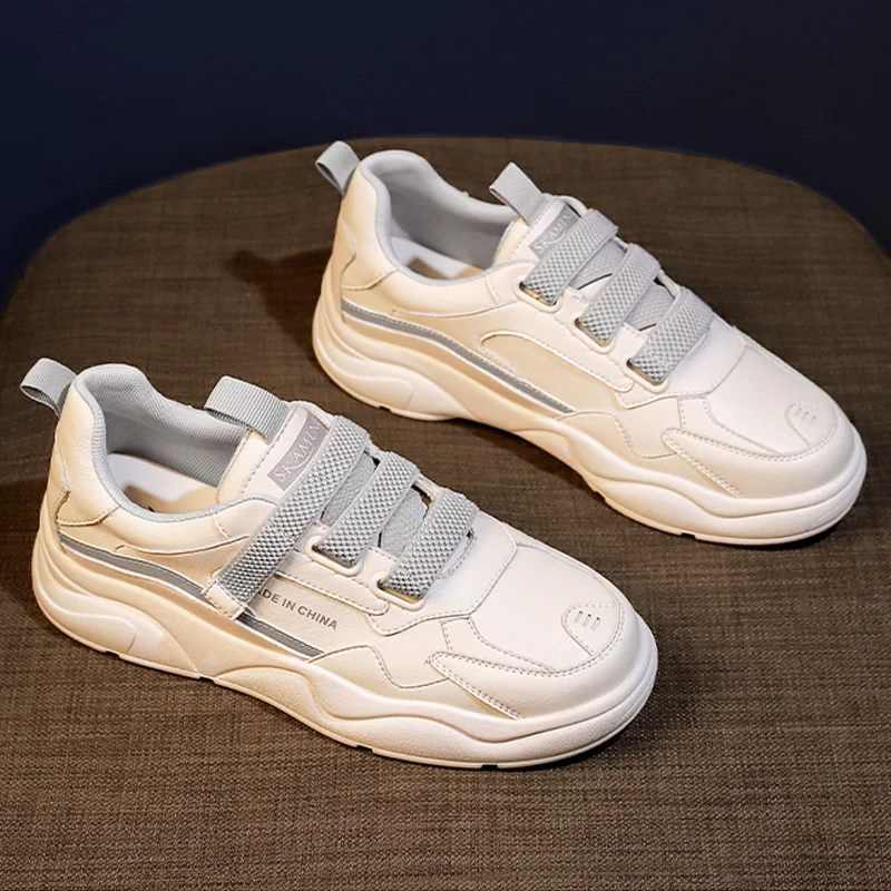 

Women's Fashion Sneakers Genuine Leather Breathable Vulcanized Shoes Hook Loop Lace-up Non Slip Summer Walking Shoes