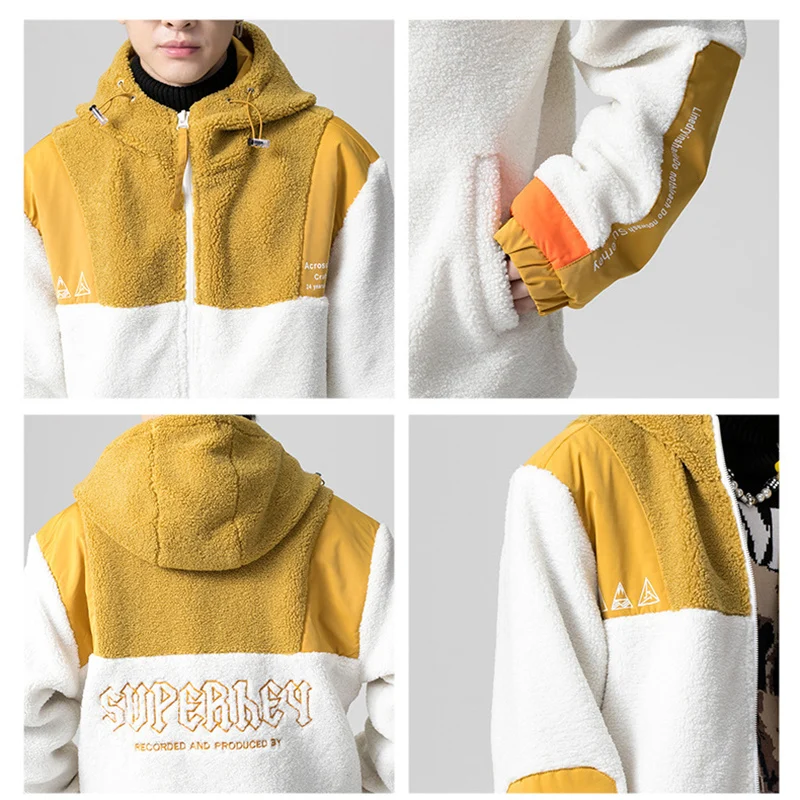 

FGKKS Winter Brand Men Fashion Jackets Men High Quality Warm Thick Jacket Coats Patchwork Hooded Lamb Wool Jacket Male