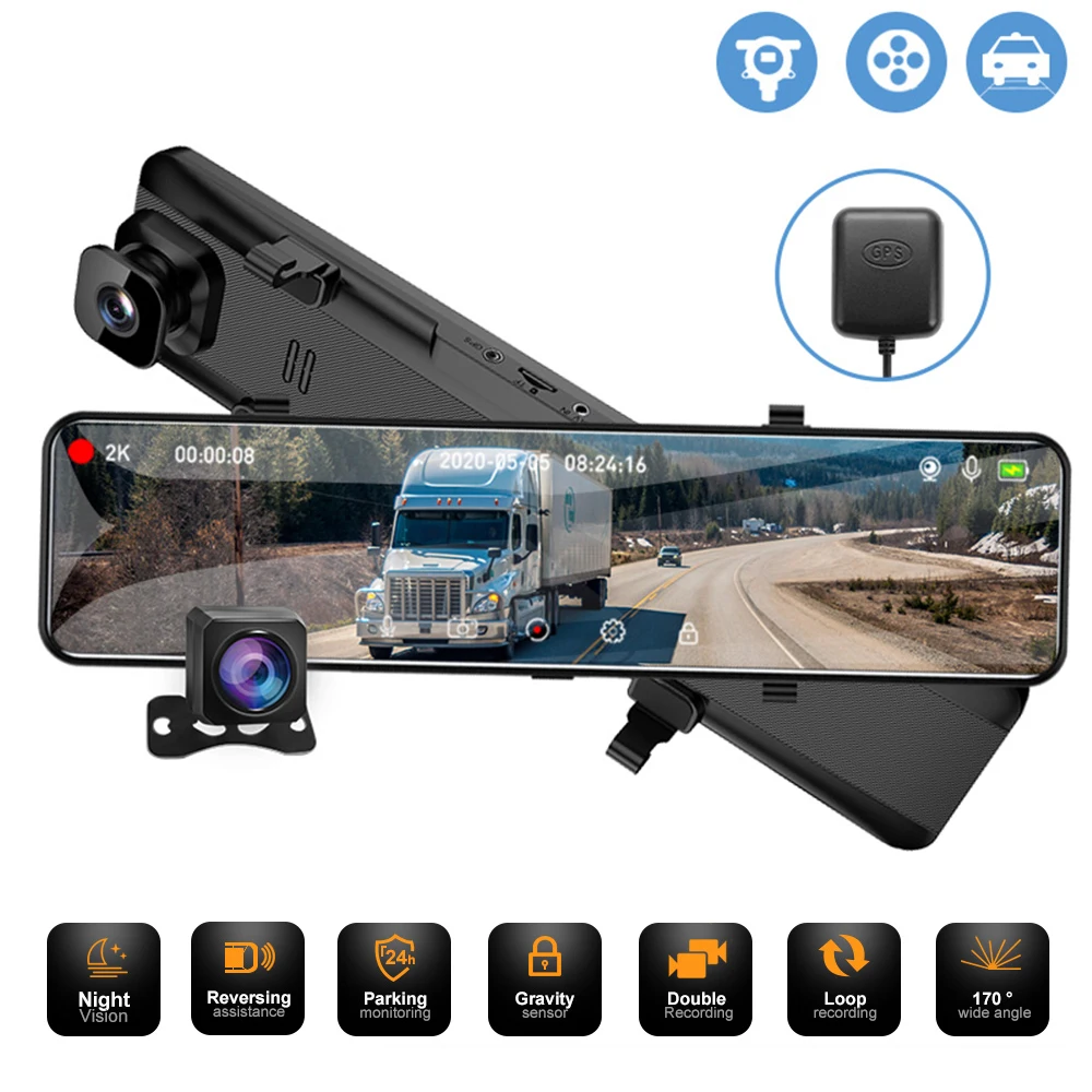 Автомобильный видеорегистратор OLOPKY 2K 1440P зеркало заднего вида 12 дюймов с