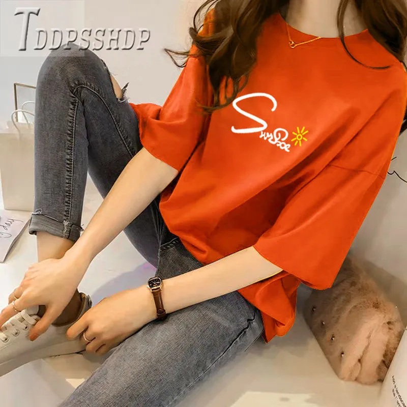 Женская свободная футболка с коротким рукавом Повседневная принтом алфавита в