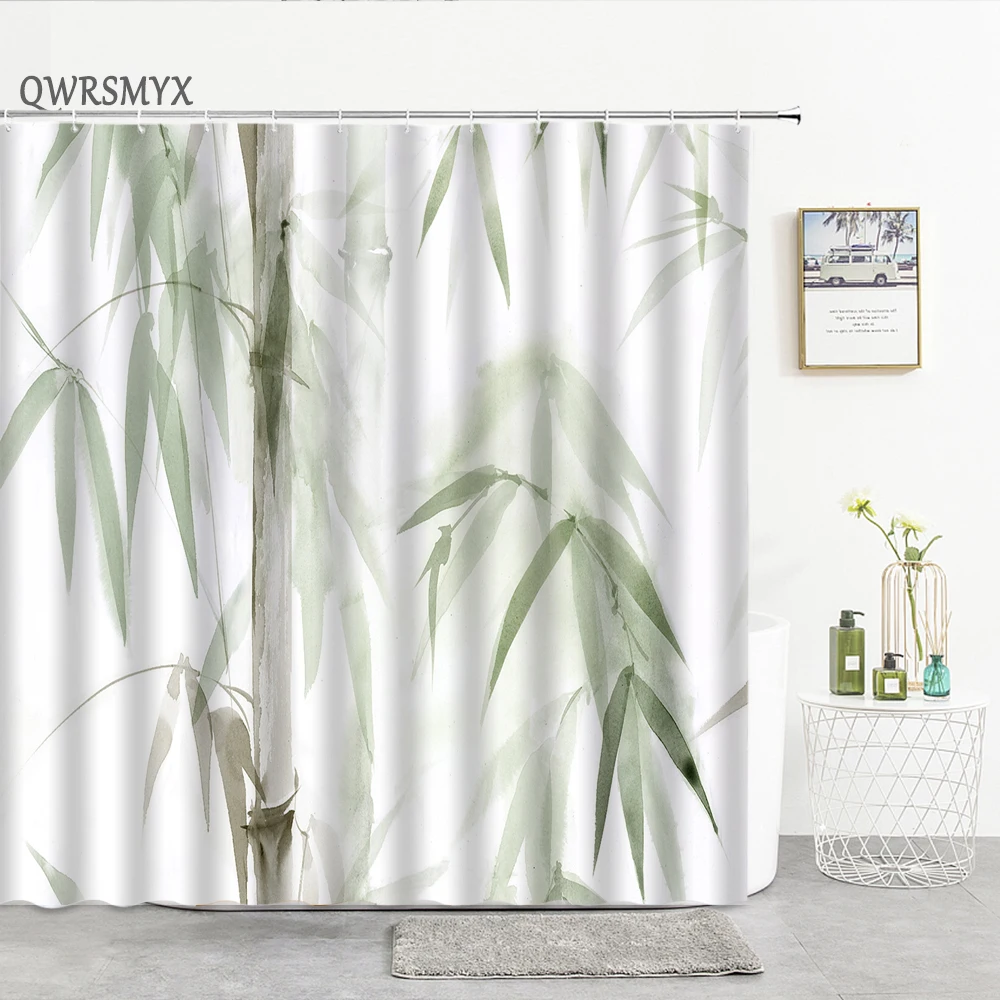 Hook Green Bamboo Printing Classical Ink Painting Printing White Bathroom Curtain Home Decor Polyester