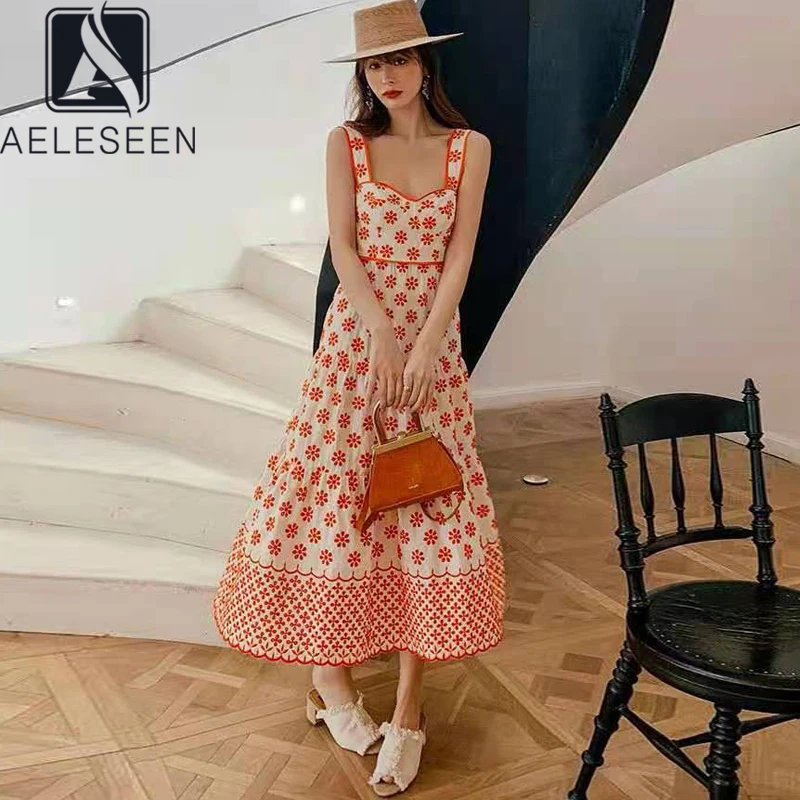 

AELESEEN Beach Summer Women Dress 2021 Runway Fashion Spaghetti Flower Embroiery Elegant Ruffles Long Party Holiday Dress