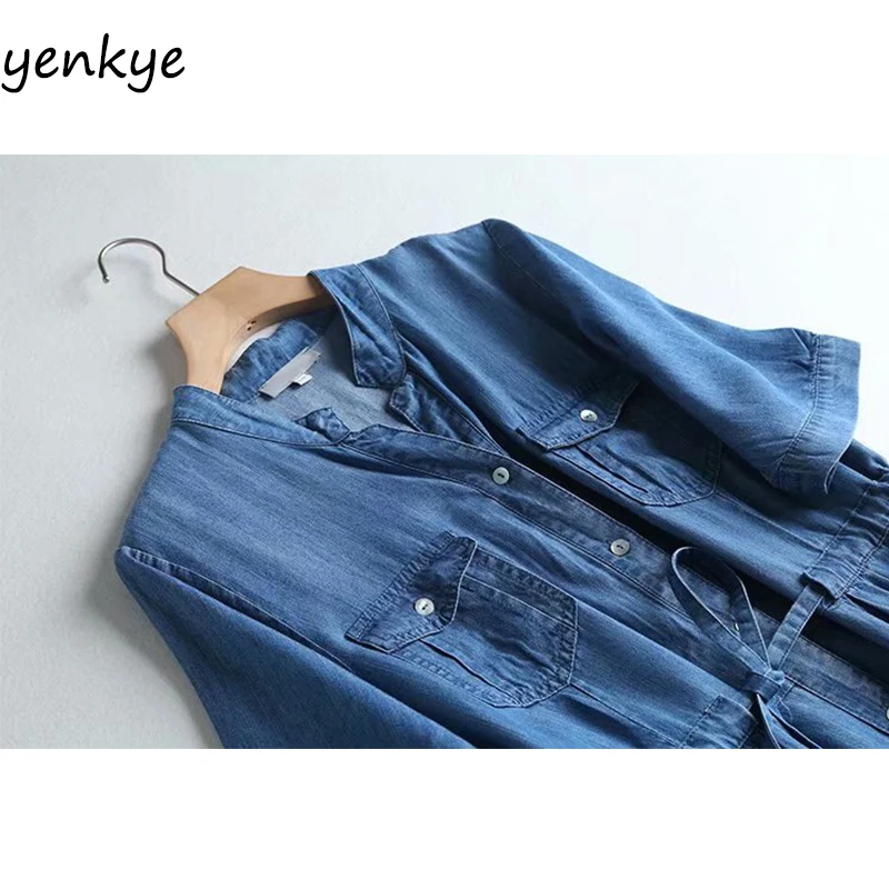 Винтажное голубое джинсовое платье женское свободное Повседневное до колен с