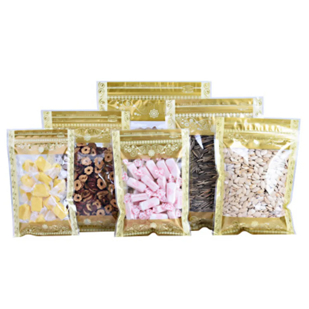 

1000Pcs Gold Print with Clear Window Self Sealing Plastic Packing Bag Zip Lock Resealable Food Storage Bag Tea Powder Pouches