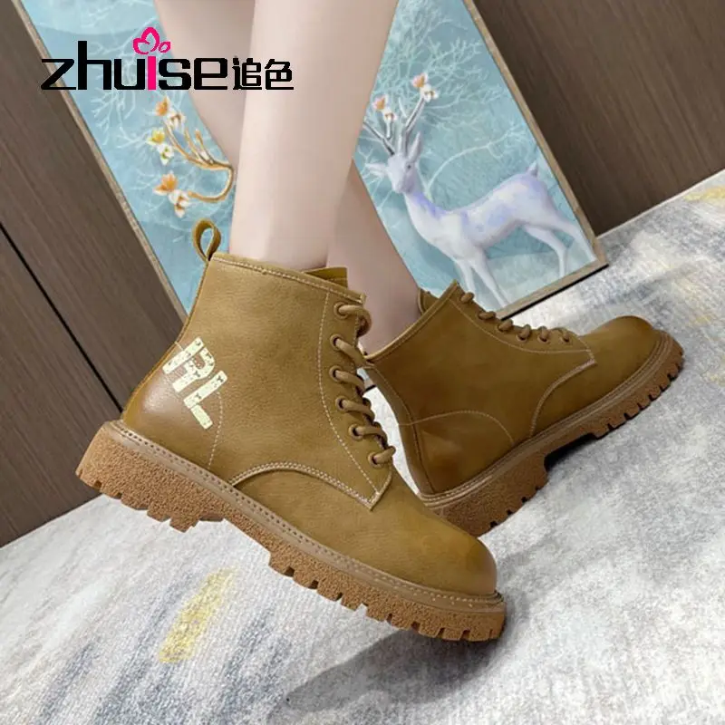 

Женские ботинки с круглым носком, однотонные повседневные ботинки на толстом каблуке, Осень-зима 2021