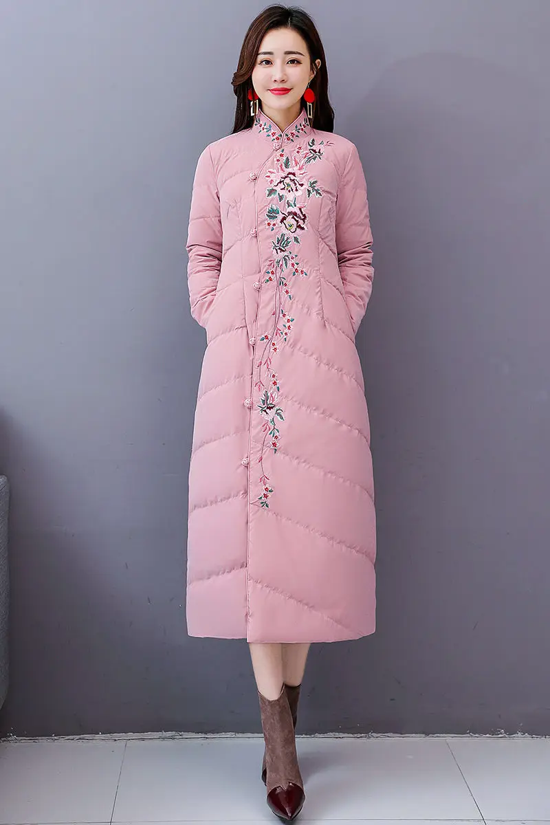

Chinese Style Padded Jacket Women's Mid-Length 2020 Winter Retro Ethnic Cotton Clothes Embroidered Tang Suit Quilted Coat y458