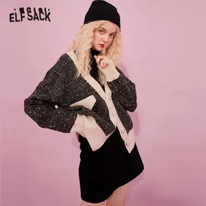 Женский кардиган ELFSACK, повседневный вязаный кардиган с цветными блоками и жемчужинами на пуговицах, Осенний Повседневный Топ в Корейском стиле, осень 2020
