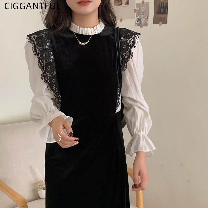 

Винтажное французское элегантное кружевное платье средней длины с контрастной строчкой и фальш-вставкой, бархатное черное платье средней ...