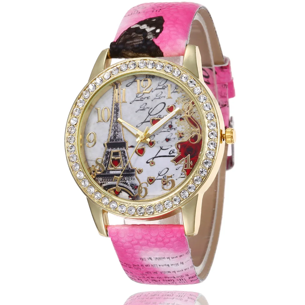 

Watches for Women Fashion Quartz Watch Rhinestone Gold Eiffel Tower Flower Female Leather Wristwatches Ladies Relogio Masculino