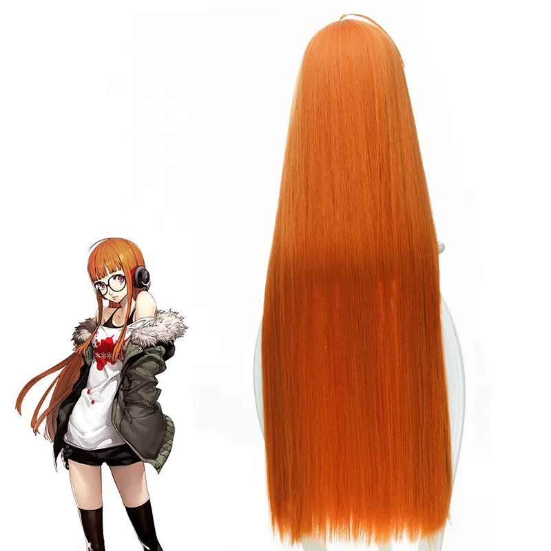 Оранжевый длинный прямой парик Persona 5 Futaba Sakura для косплея термостойкие