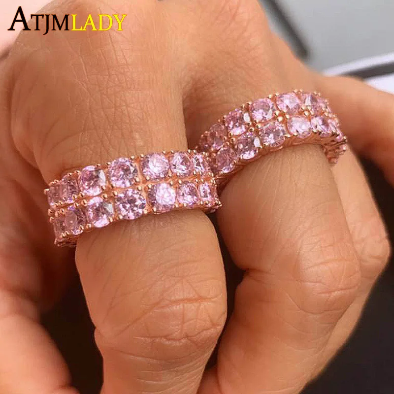 Pink Pinky Cubic Zirconia Rings For Women 2021 New Wedding Full Cz Eternity Band Rose Gold Double Layers Pink Stacking Cz Ring