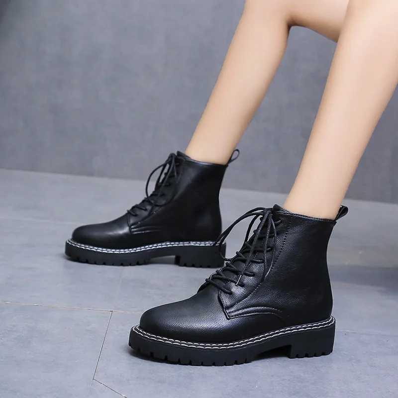 

Женские ботинки в байкерском стиле на массивной подошве, с круглым носком, на шнуровке, в британском стиле, для осени, 2019