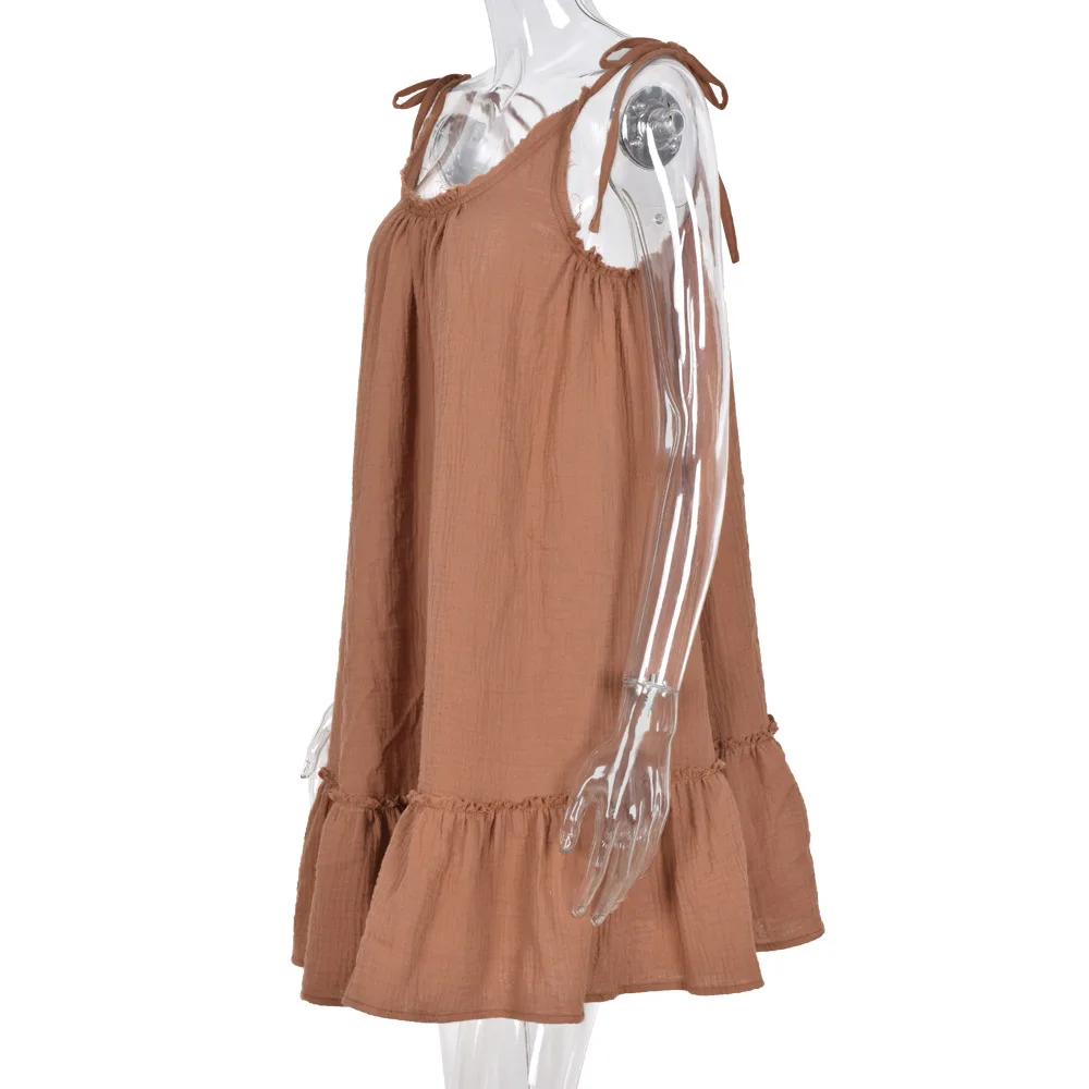 

Summer Spaghetti Strap Dress Women Sleeveless Low Cut Solid Color Ruffles Loose Dress Beach Style Holiday Female Vestidos 2021