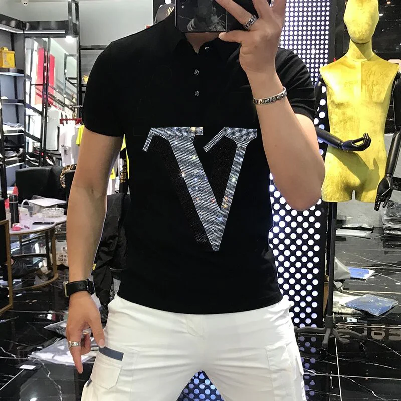 

High-Quality Fabric BodyBuilding Male Polo Alphabet Exaggerated Men's New Hot Drilling Shirt Lapel Short-Sleeved Factory Outlet