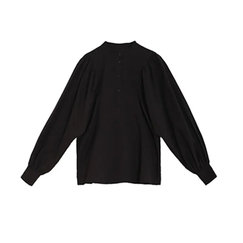 

XITAO Vintage Blouse Fashion Black Full Sleeve Single Breast Pleated Goddess Fan Casual Style Loose 2021 Summer Shirt LDD1186