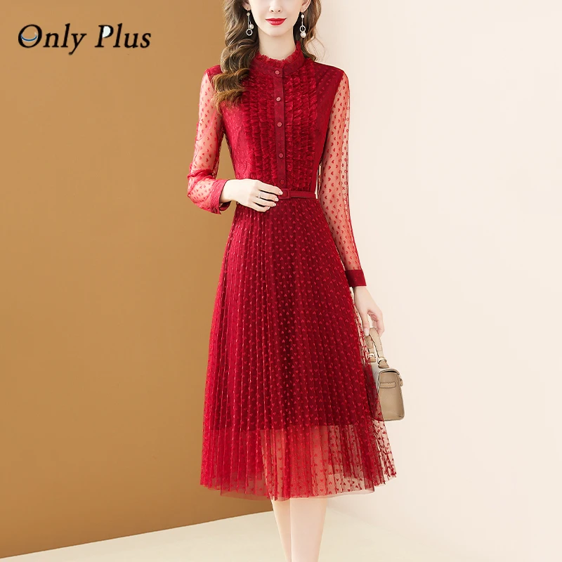 

Женское однобортное плиссированное платье с поясом, кружевное жаккардовое платье с воротником-стойкой и поясом, а-силуэт, весна 2022