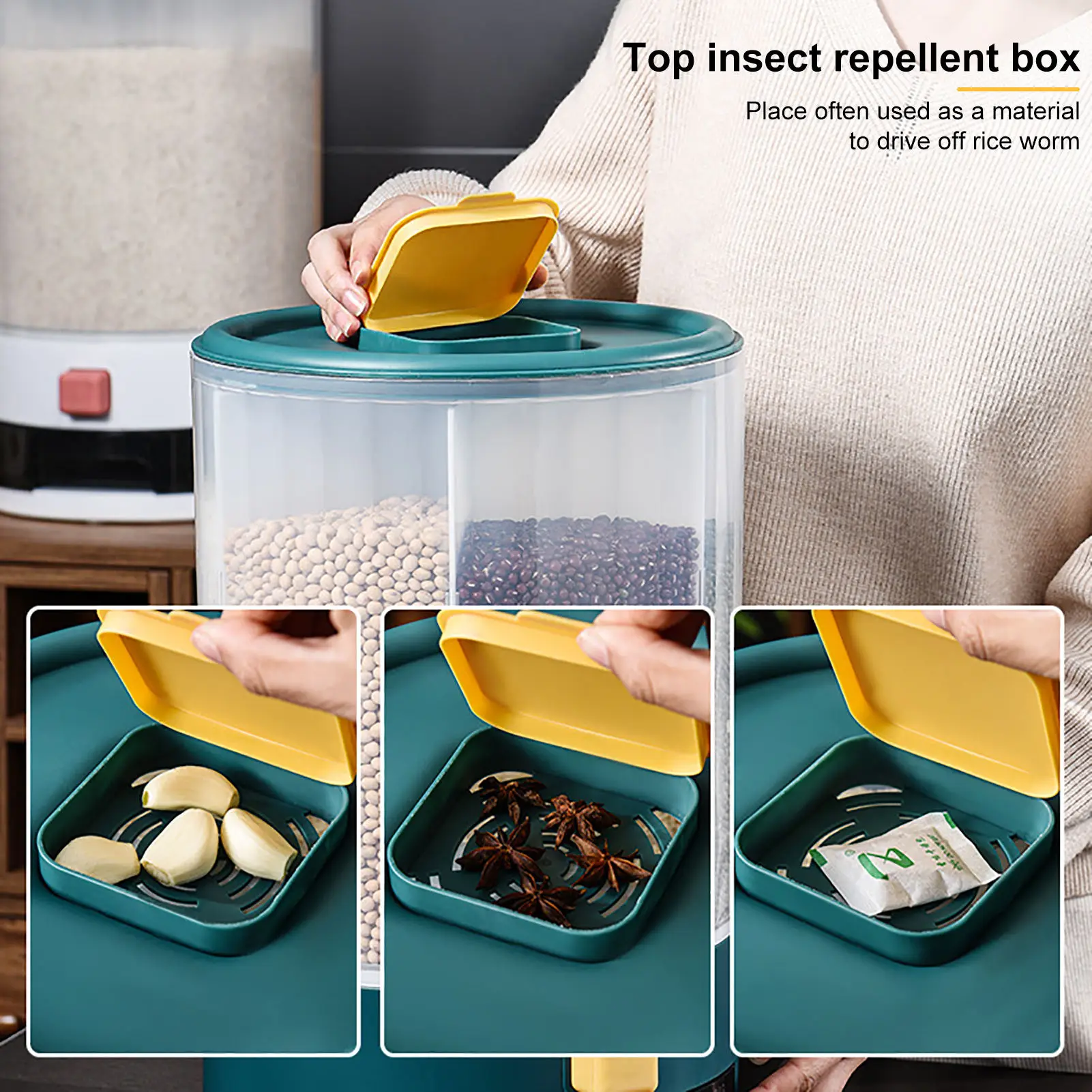 

Kitchen Rotating Food Storage Cereal Dispenser Storage Bin Dry Food Rice Container Storage Case Flour Grain Storage Box Bottle