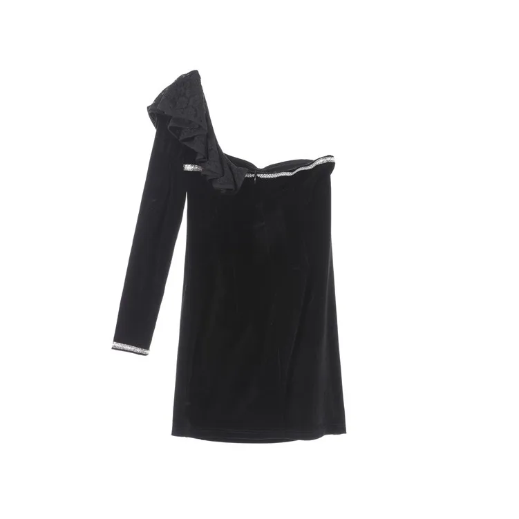 

COLOREE 2019 Runway Designer Velvet Ruffles Women Dress Sexy Slash Neck One-shoulder Backless Mini Dress For Female New Fashion