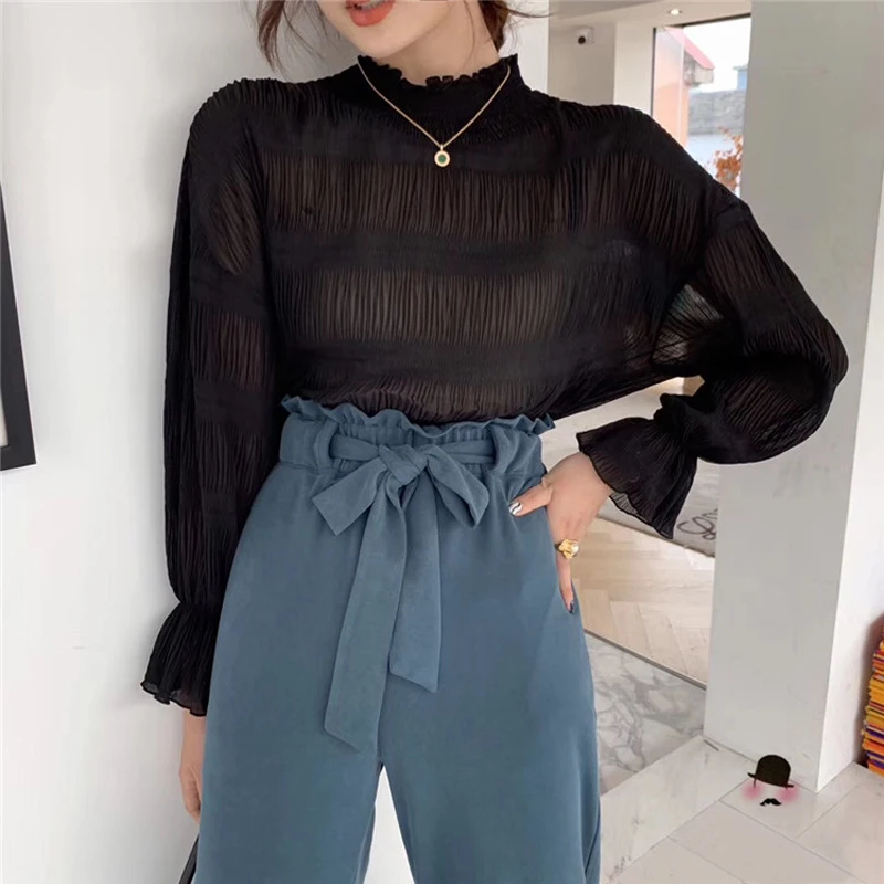 Уличная одежда женская блузка с оборками топы расклешенными рукавами шикарные