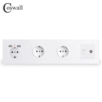 coswall triple wall eu socket grounded dual usb charging port with soft backlight female tv rj45 internet outlet pc panel