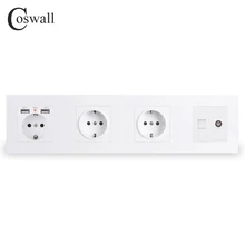 COSWALL Triple Wall EU Socket Grounded + Dual USB Charging Port With Soft Backlight + Female TV & RJ45 Internet Outlet PC Panel