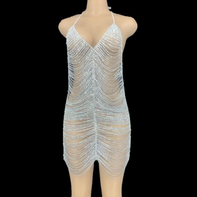 

Shining Fake Rhinestone Chains Halter Backless Short Dress Black Birthday Celebrate Party Dress Bar Club Dance Hollow Outfit
