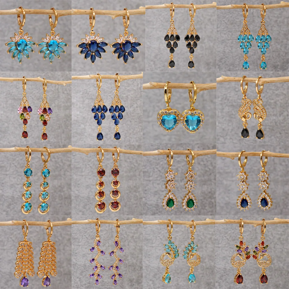

Trendy Vintage Drop Earrings For Women Gold Filled Red Green Pink Lavender Zircon Earrings Gold Earring Wedding Jewelry