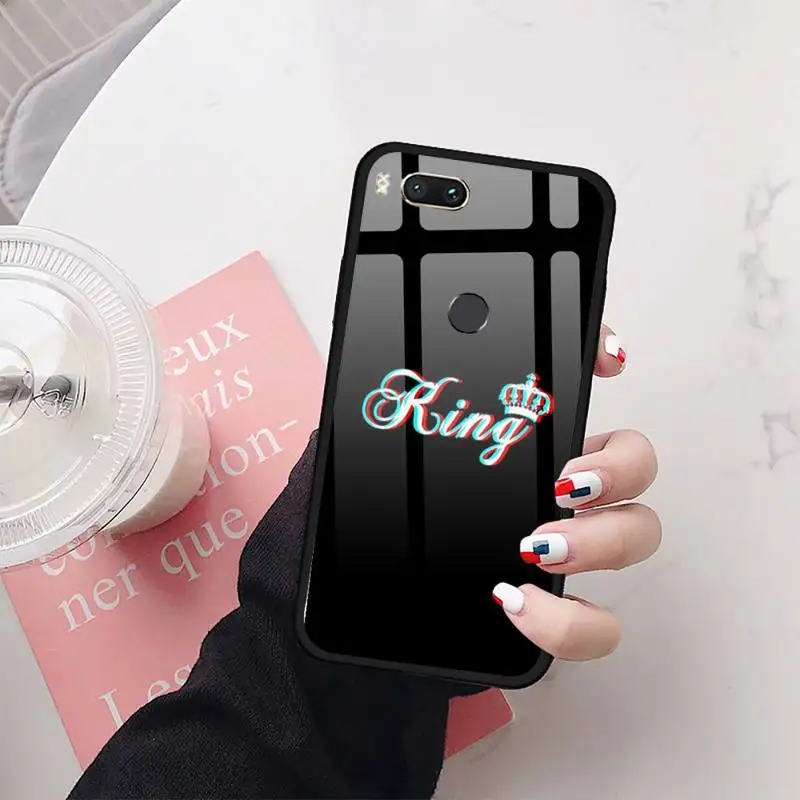 

King Queen Crown Couple Phone Case Tempered glass For xiaomi 6 8 lite se MIX2 2S Redmi 4X 5 6 6a note 4 5 6 7