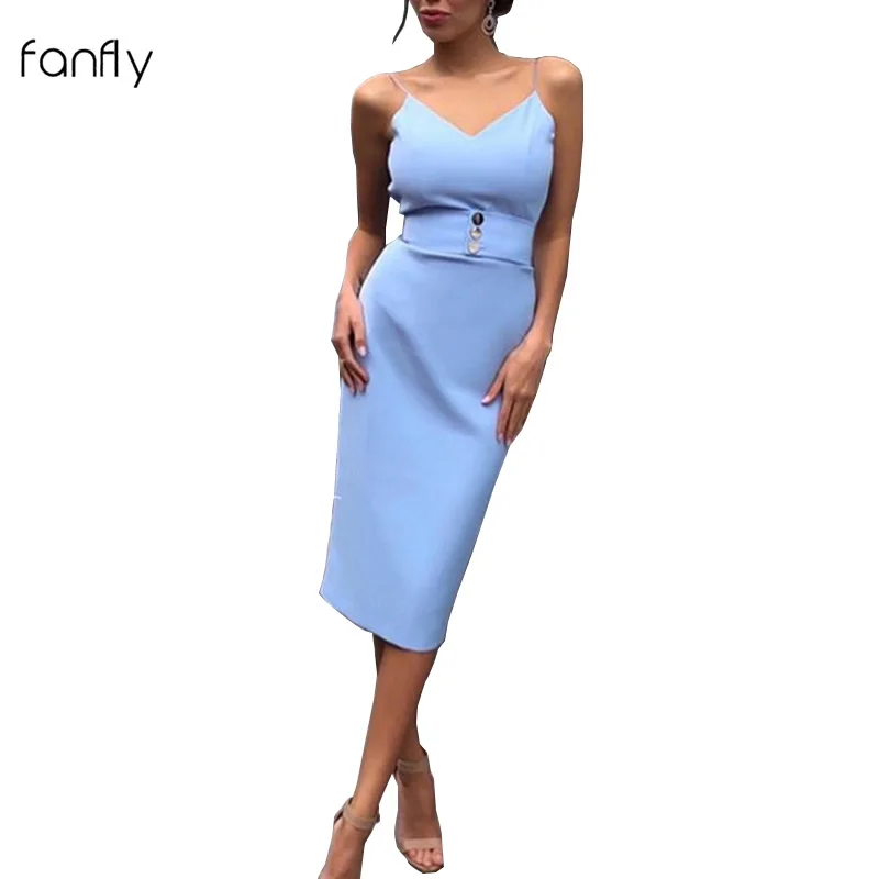 Синее платье на тонких бретельках 2019 летнее женское прилегающее без рукавов