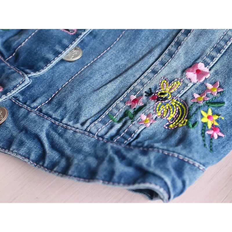 

Denim Girl Coats 2021 Spring Flower Embroidery Kids Girl Jackets Jean Clothes Fashion Turn Down Collar Children Outerwear 3-9Y