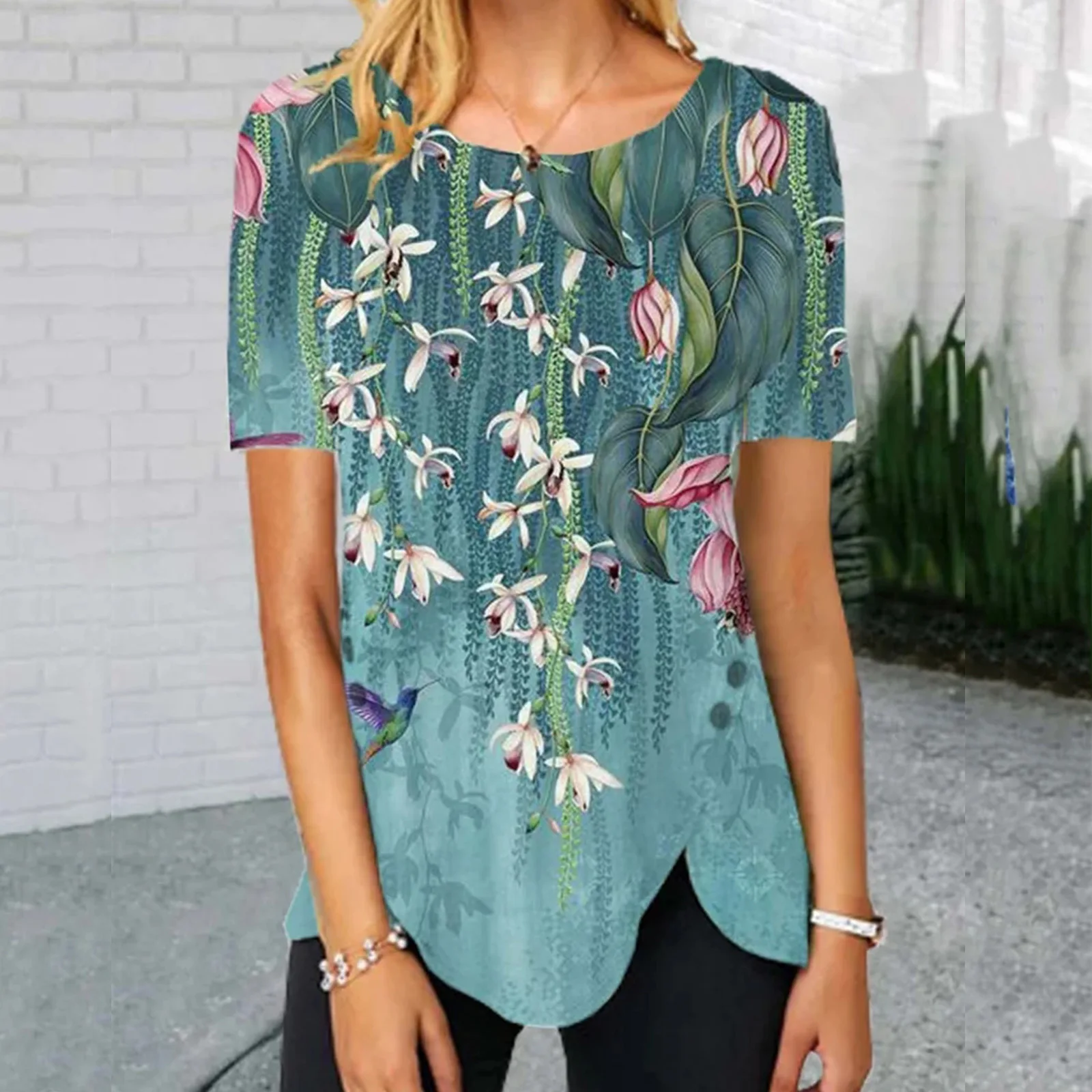 

tee shirt grande taille femme,2021 Summer short sleeve flower print slit button vintage t shirt One piece cloth tops,blusas