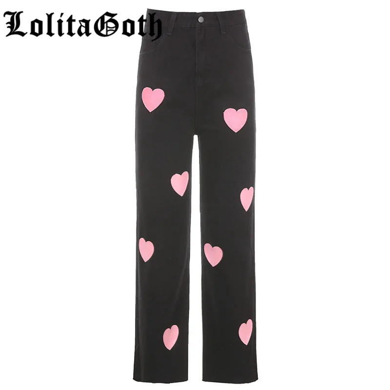 

Woman Jeans High Waist Clothes Love Print Wide Leg Denim Trousers Streetwear Vintage 2021 Fashion Harajuku Straight Pants