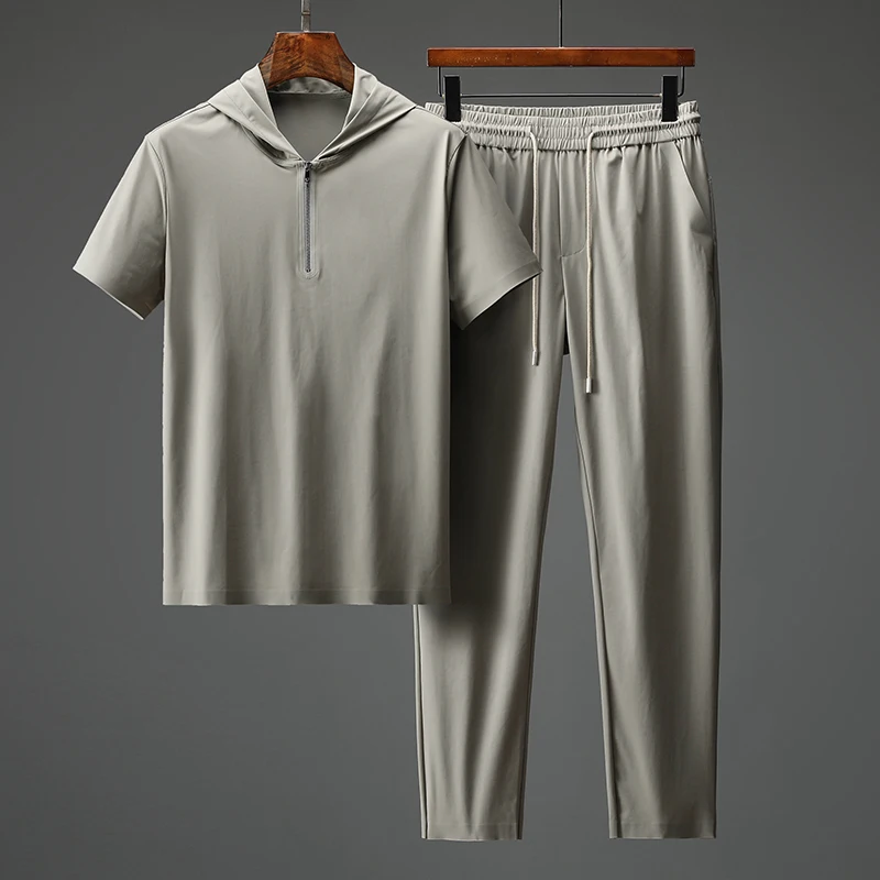 

Minglu Summer Hooded Male Sets (t-shirt+pants) Luxury Short Sleeve Sport Casual Mens Sets Fashion Slim Fit Man Suits 4xl