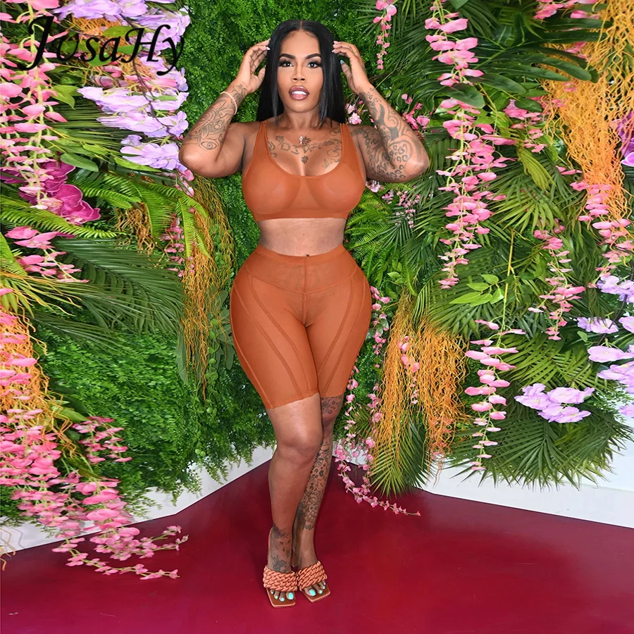 

JuSaHy Summer Mesh Solid Skinny Two Pieces Sets See Through Hollow Sleeveless Top And Shorts Matching Sexy Club Outfits Hot