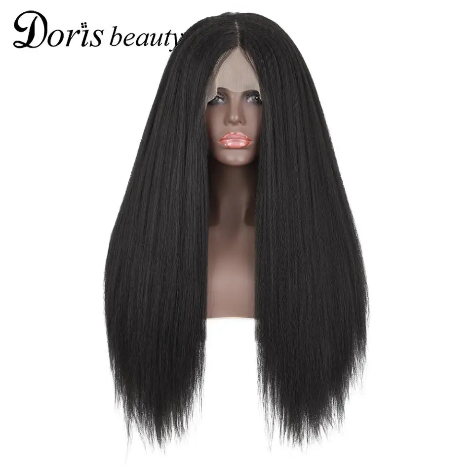 

Длинные афро курчавые прямые синтетические кружевные передние парики, натуральные волосы Yaki, прямые искусственные бесклеевые парики на се...