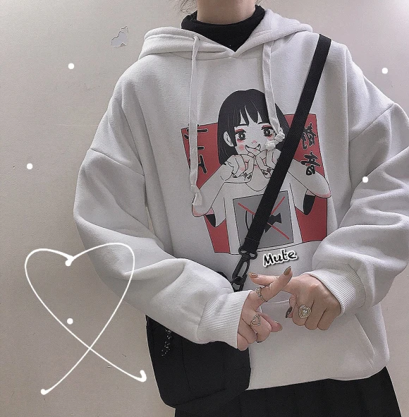 Аниме принт толстовка женская Kawaii Толстовка Harajuku одежда пуловер с капюшоном корейского размера плюс тонкая Повседневная Уличная одежда Топ V562