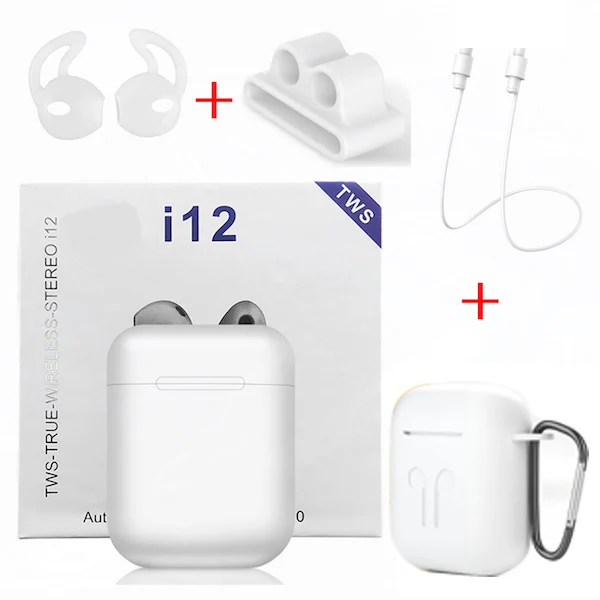 White - White Cases I12 Наушники Беспроводные Bluetooth 5,0 Спортивные Беспроводные наушники с аксессуары для наушников кожаный чехол для i9s i10 i7s i200 TWS - Цвет: White - White Cases