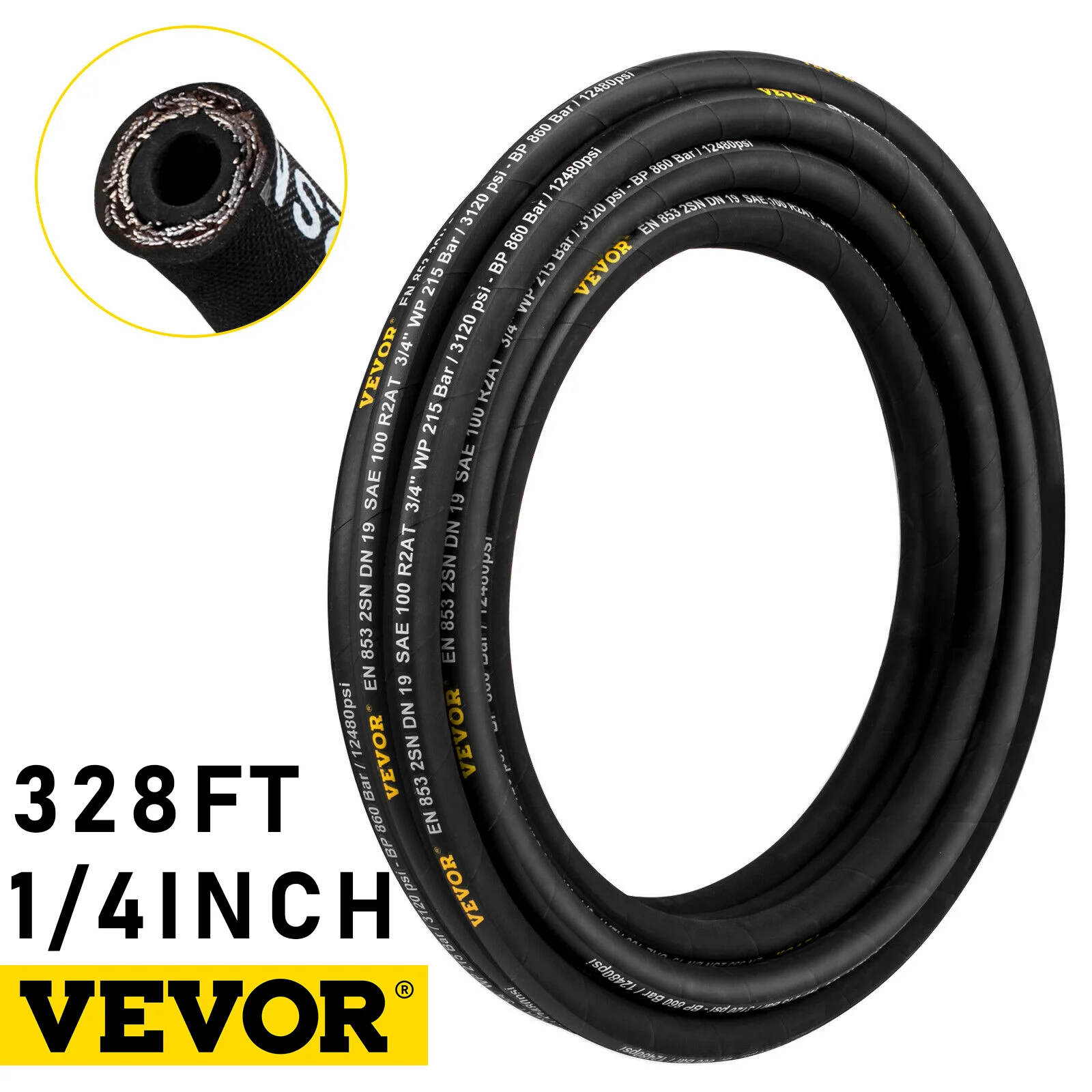 

VEVOR Hydraulic Hose 1/4 inch x 328 ft Coiled Hydraulic Hose 5800 PSI Rubber Hydraulic Hose with 2 High-Tensile Steel Wire Hose