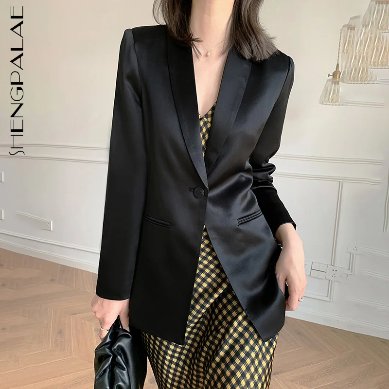 

SHENGPALAE Fashion Black Stain Blazer Women's Autumn 2021 New Notched Loose Single Button Long Sleeve Suit Jacket Female Tide