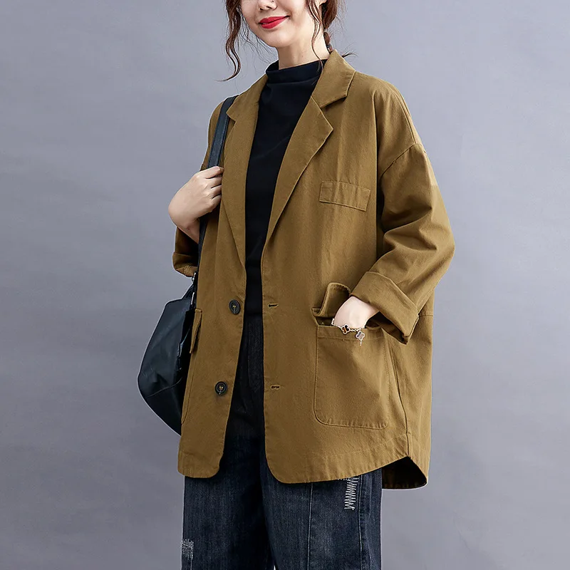 

Solid Color Casual Simple Blazer Suit Minimalism Pocket Notched Collar Loose Cotton Blazers Coat Women Long Sleeve Jacket Lady