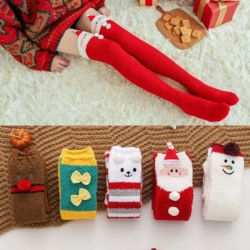 

Winter Thigh High Socks Warm Christmas Coral Velvet Knee Stockings Cute Cartoon Women Thick Striped Home Floor Sock