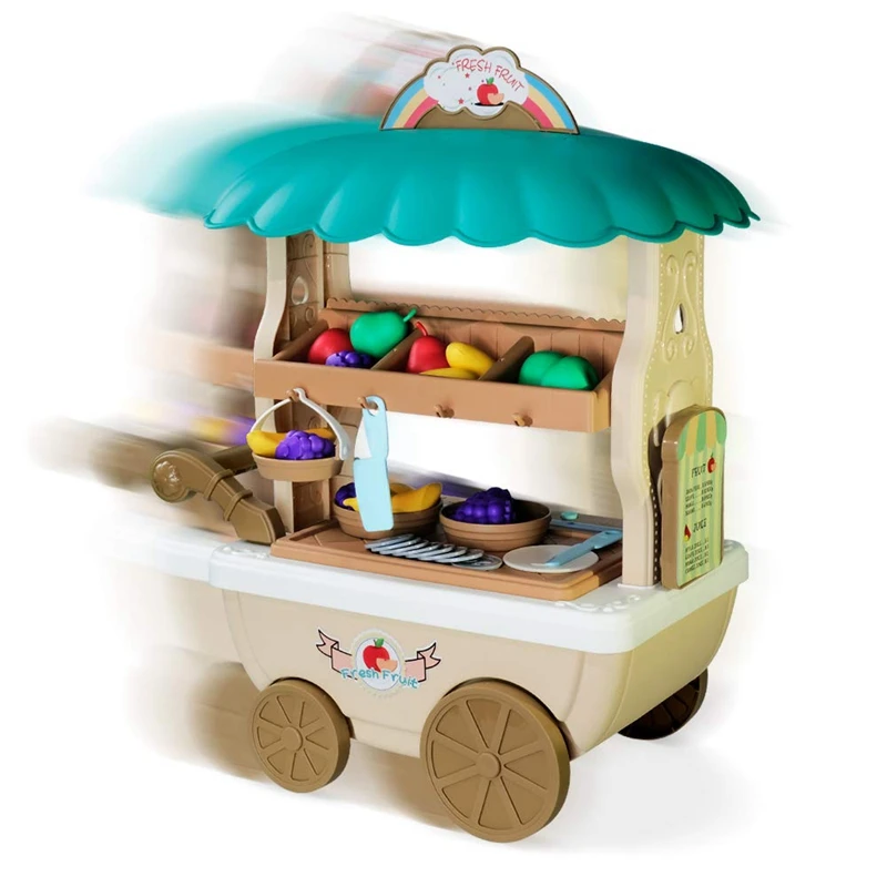 

Pretend Play Toy Fruit Set for Kids Toy Mobile Fruit Selling Vehicle Fruit Show Shelf Pretend Toy with Light & Music