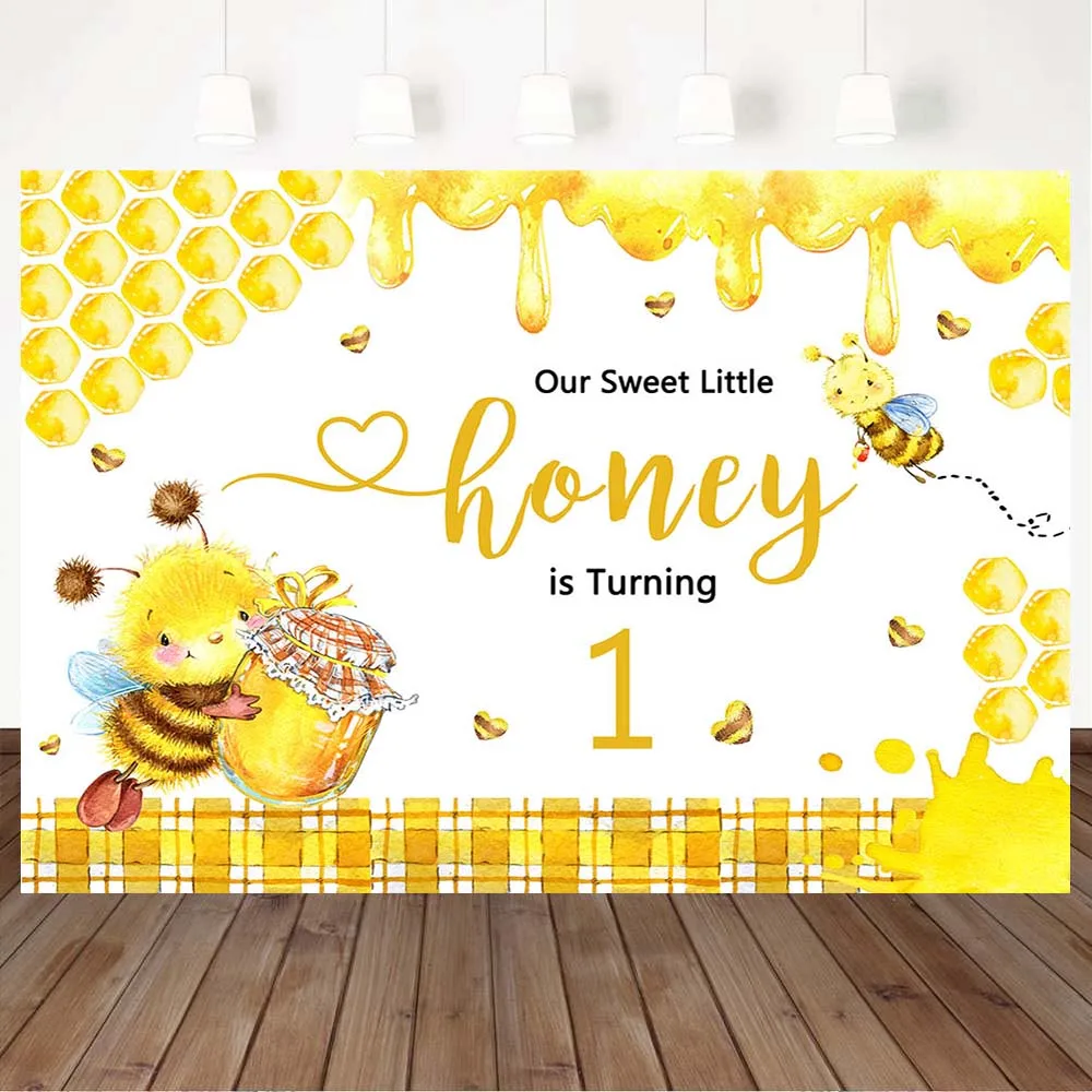 

Mocsicka Our Sweet Little Honey Is Turning One Photography Backdrops Baby 1st Birthday Party Photo Background Decoration Banner