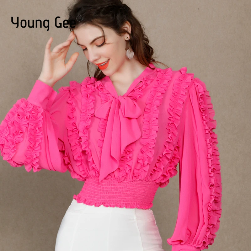 Женская блузка Young Gee кружевная рубашка с длинным рукавом-фонариком