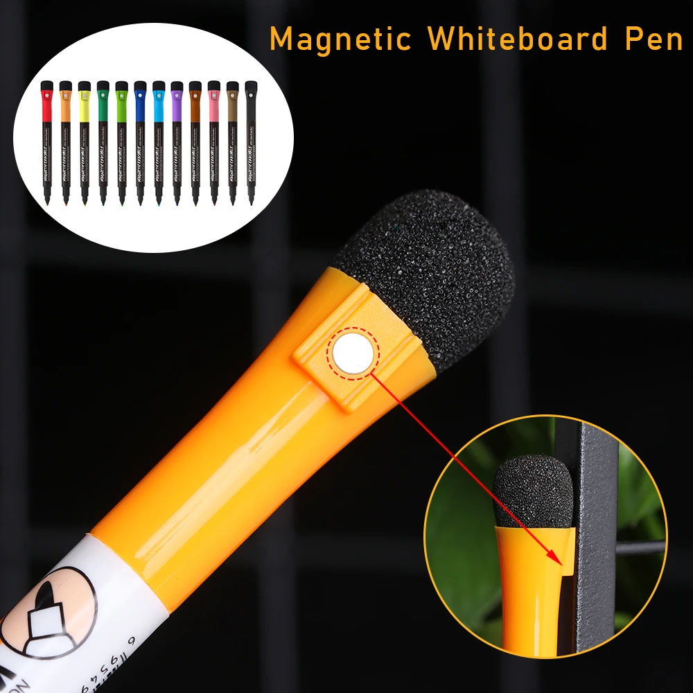 

12 Colors Magnetic Fine Tip Dry Erase Markers with Erasers Low Odor Point Erasable Whiteboard Marker Pen Classroom Work Office