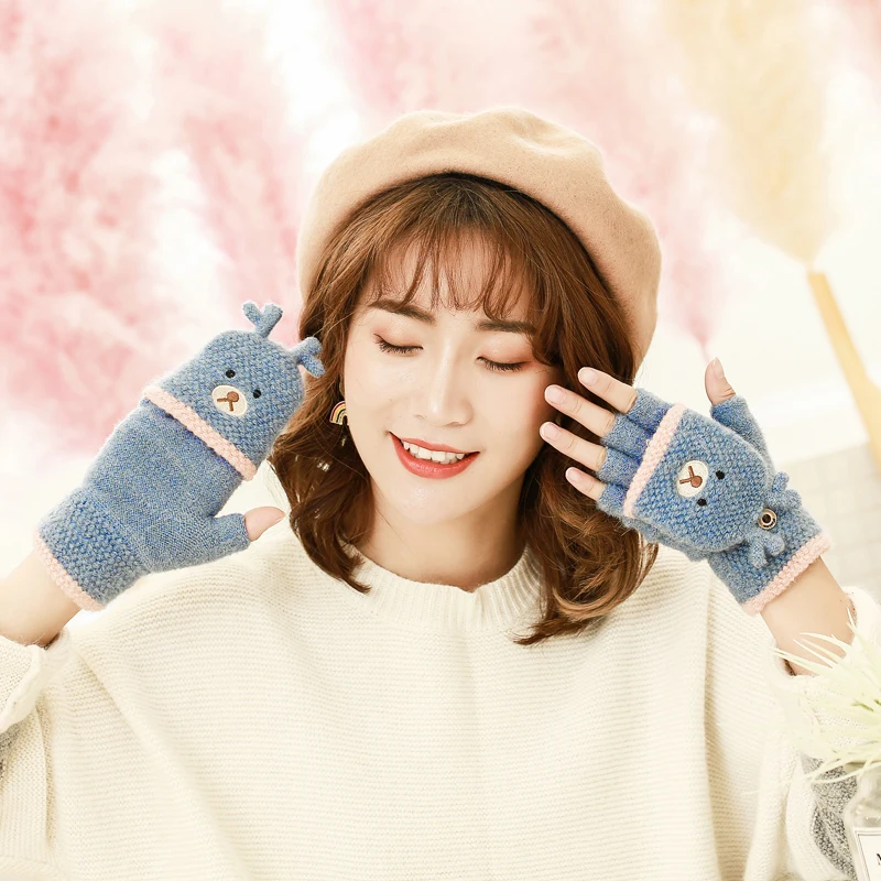 Новинка 2017 стильные женские перчатки без пальцев с милым котом зимние