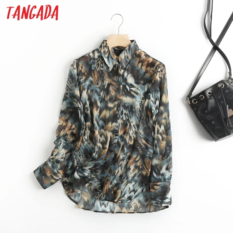 Tangada для женщин в стиле ретро галстук бабочка печати шифон рубашка Длинные рукава